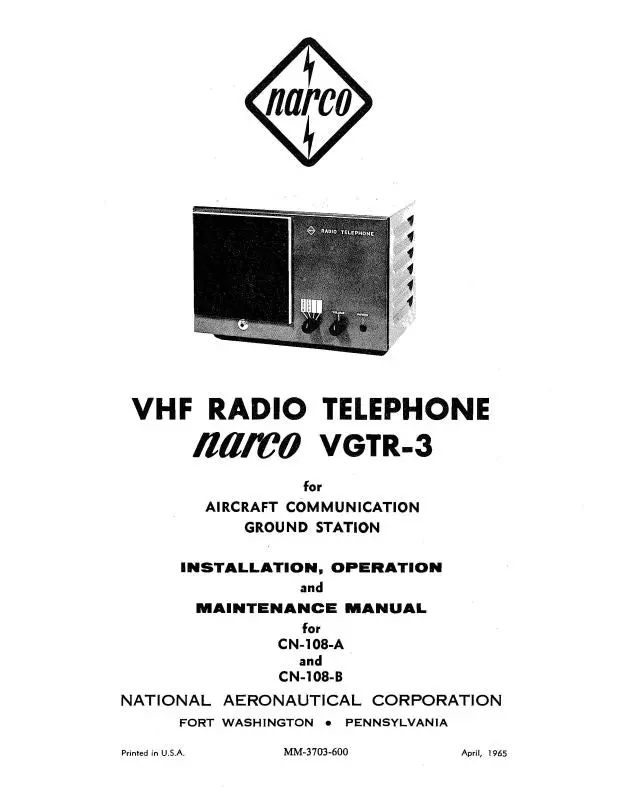Narco Vgtr-3 1965 Installation, Operation And Maintenance Manual (Mm-3703-600) 1