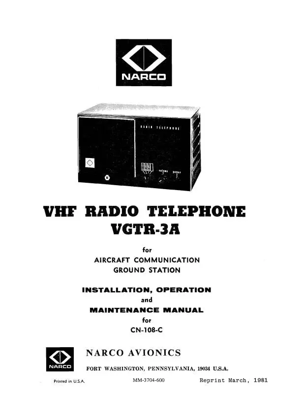 Narco Vgtr-3A Vhf 1966 Maintenance, Installation, Operation (Mm-3704-600) 1