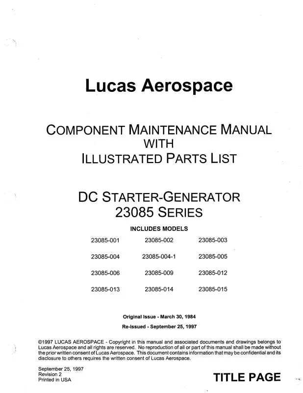 Lucas Aerospace 23085 Series 1997 Component Maintenance. W-Illustrated Parts List (Lc23085001-97-M) 1