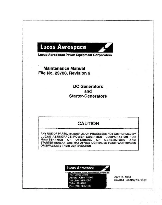 Lucas Aerospace Dc Generators And Starter-Gen. Maintenance Manual (23700) 1