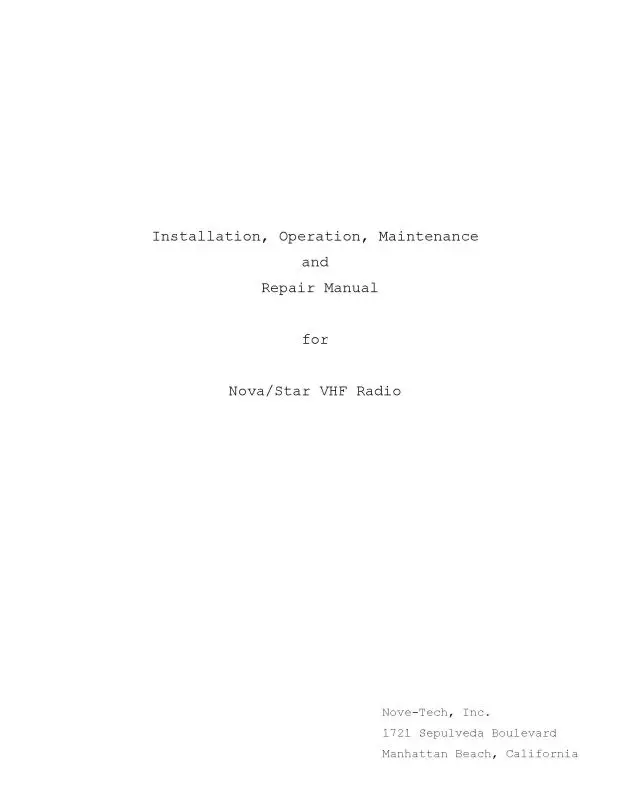 Nova-Tech, Inc. Nova-Star Vhf Radio Installation, Operation, Maintenance & Repair (Nenovastarvhf-I) 1