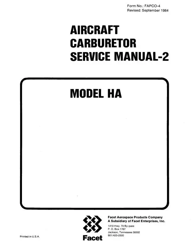 Marvel-Schebler Model Ha A-C Carburetor 1984 Maintenance Manual (Fapco-4) 1