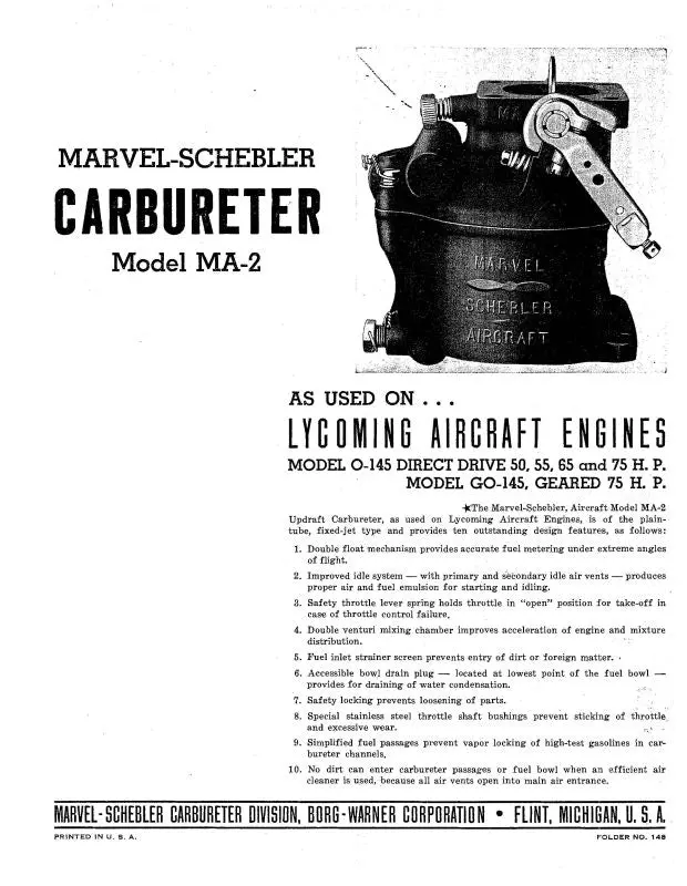 Marvel-Schebler Ma-2 Carburetor Operating & Maintenance Instructions (148) 1