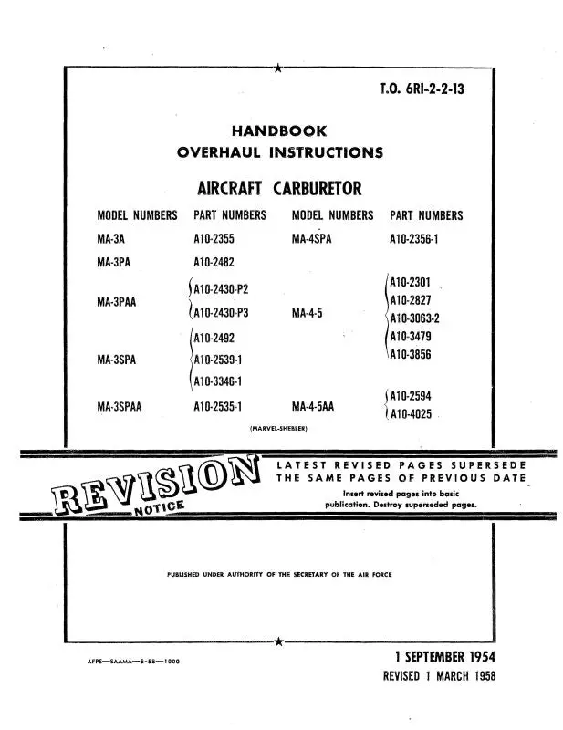 Marvel-Schebler Ma-3A Thru Ma-4-5Aa 1954 Overhaul Instructions (6Ri-2-2-13) 1
