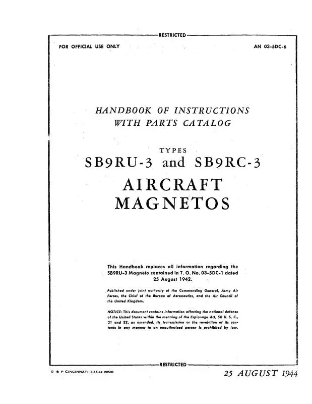 American Bosch Sb9ru-3, Sb9rc-3 Magnetos Instructions With Parts (03-5Dc-6) 1
