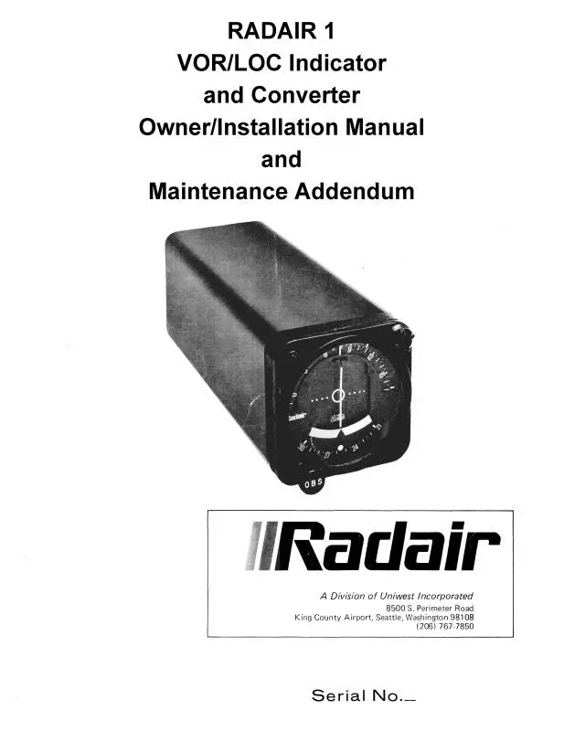 Radair 1 Vor-Loc Indicator Installation-Owners Manual, Maintenance Addendum (023-0008-001) 1
