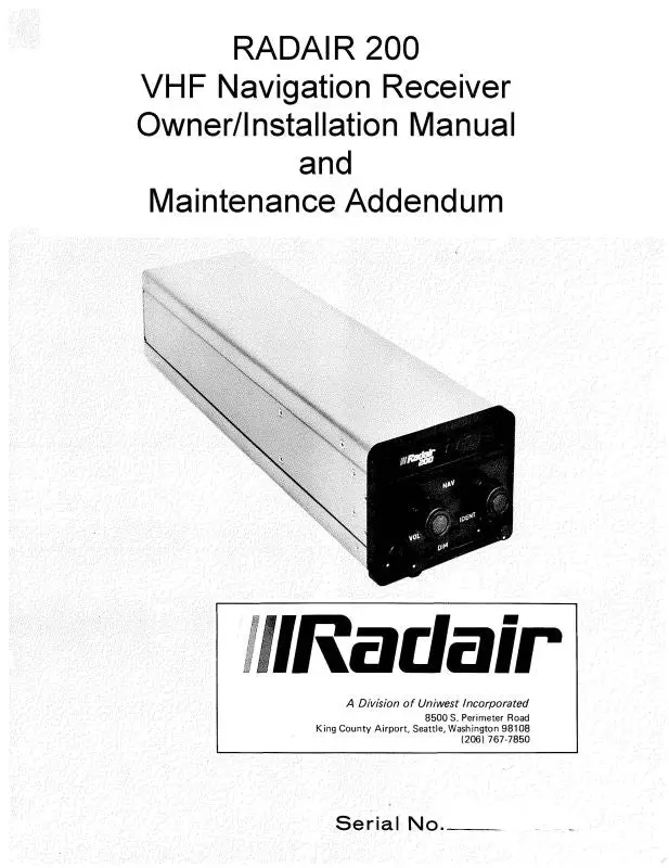 Radair 200 Vhf Nav Receiver Installation-Owners Manual, Maintenance Addendum (023-0004-001) 1
