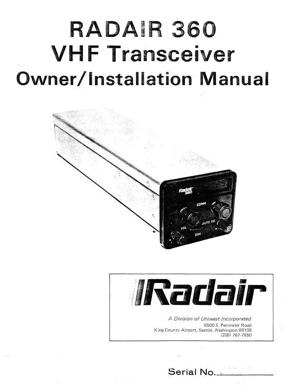 Radair 360 Vhf Transceiver Installation Manual (023-0003-001) 1