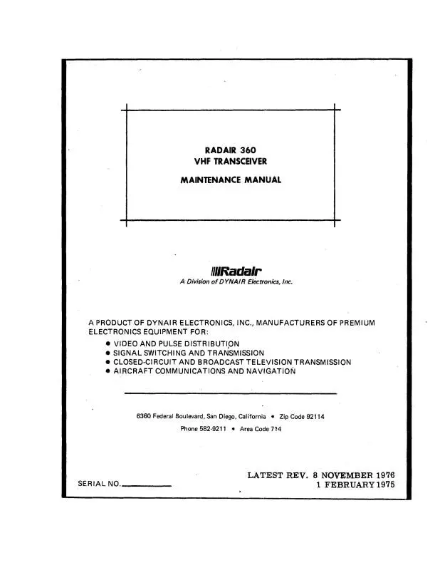 Radair 360 Vhf Transceiver 1976 Maintenance Manual (Rd360-76-M-C) 1