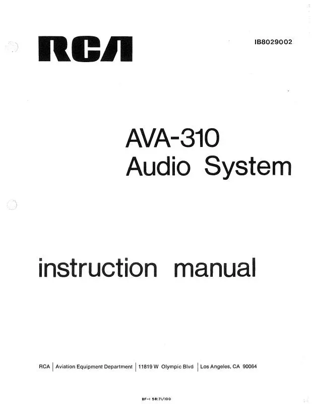 Rca - Primus - Honeywell - Sperry Ava-310 Audio System Instruction Manual (Ib8029002) 1