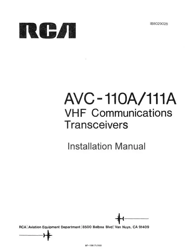 Rca - Primus - Honeywell - Sperry Avc-110A-111A Vhf Comm Trans Instruction Manual (Ib8029028) 1