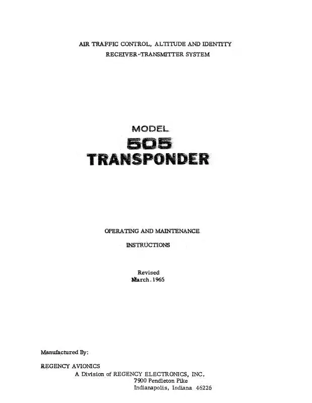 Regency Avionics 505 Transponder 1965 Maintenance & Operating Instructions (Rc505-65-M) 1