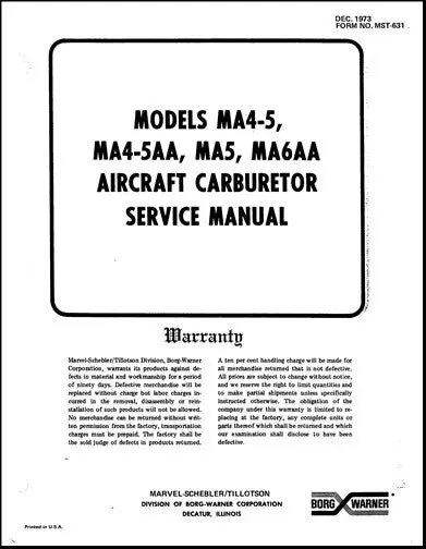 Marvel-Schebler Ma4-5,Ma4-5Aa,Ma5,Ma6aa 1973 Maintenance Manual (Mst-631) 1