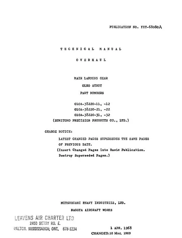 Mitsubishi Heavy Industries Main Landing Gear 1968 Overhaul Manual (Yet-68080A) 1