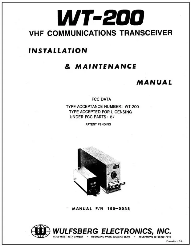 Wulfsberg Electronics, Inc. Wt-200 Vhf Comm. Transceiver Maintenance And Installation (150-0038) 1
