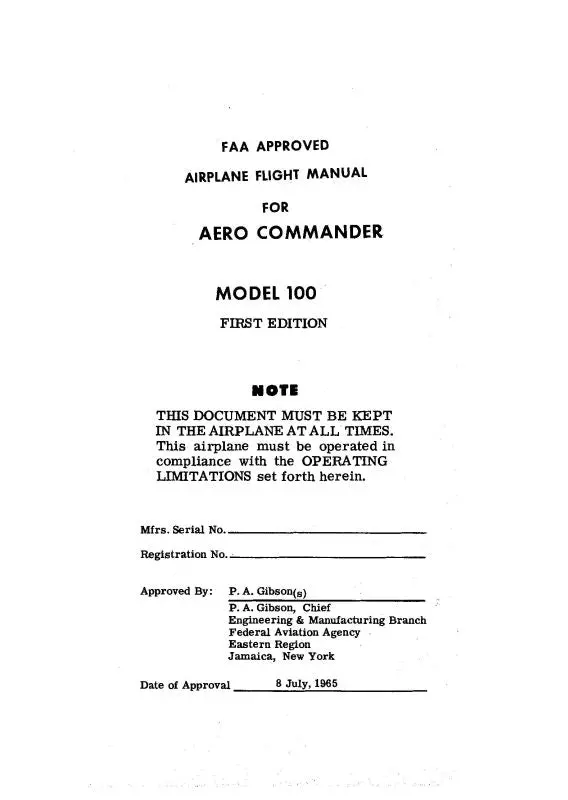 Aero Commander 100-180 Lark Owner's, Flight Manual (Ac100,180--F-C) 1