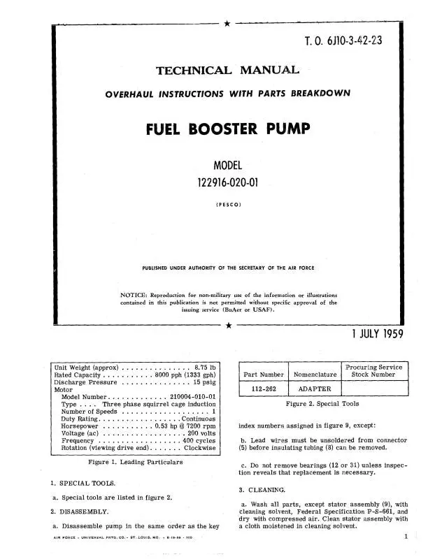 Pesco Model 122916-020-01 Fuel Pump Parts Catalog With Service Instructions, Operation (6J10-3-42-23) 1
