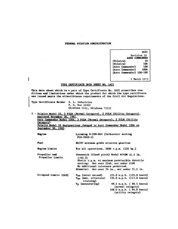 Aero Commander 100, 180 Faa Spec Sheet Aircraft  Specification (1A21) 1