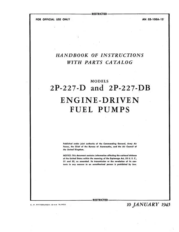 Pesco 2P-27-D,2P-227-Dpfuelpump 1945 Parts Catalog With Service Instructions (An03-10Ea-15) 1