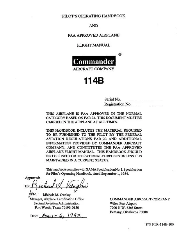 Aero Commander 114B 1992-99 Pilot's Operating Handbook (Ftr-114B-100) 1