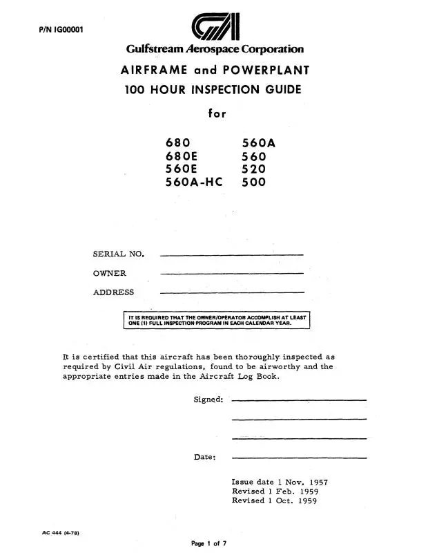Aero Commander 680,E, 560E, 560, 560A,520,500 100 Hour Inspection Guide (1G00001) 1