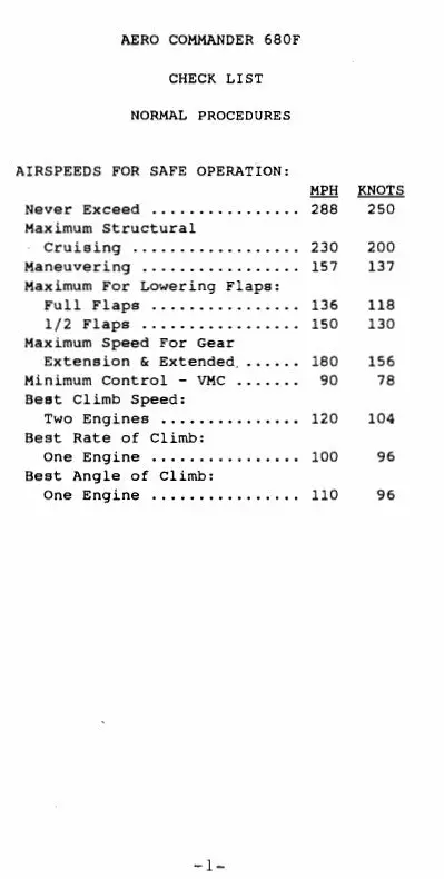 Aero Commander 680F Grand Commander 1960-63 Pilot's Checklist (Ac680f-Cl-C) 1