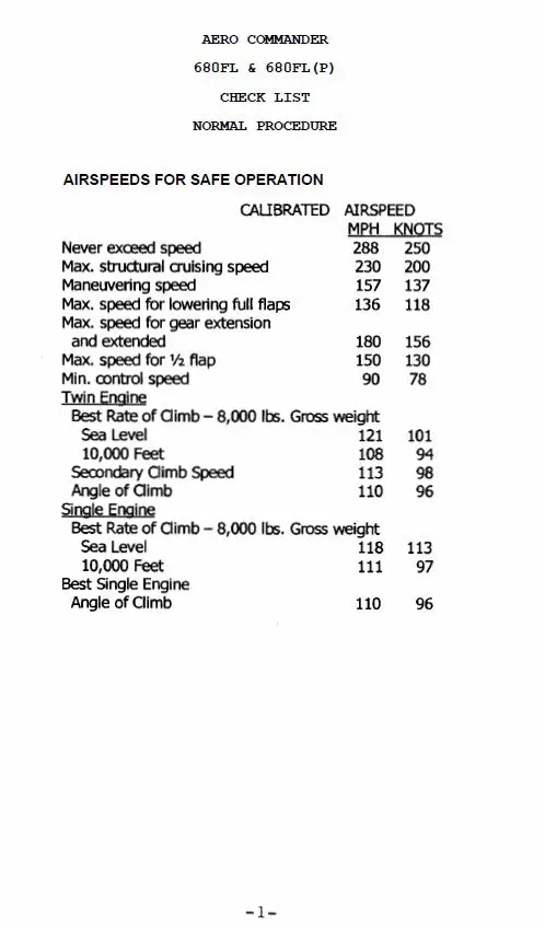 Aero Commander 680Fl & 680Fl(P) Pilot's Checklist (680Fl,680Fl(P)C) 1