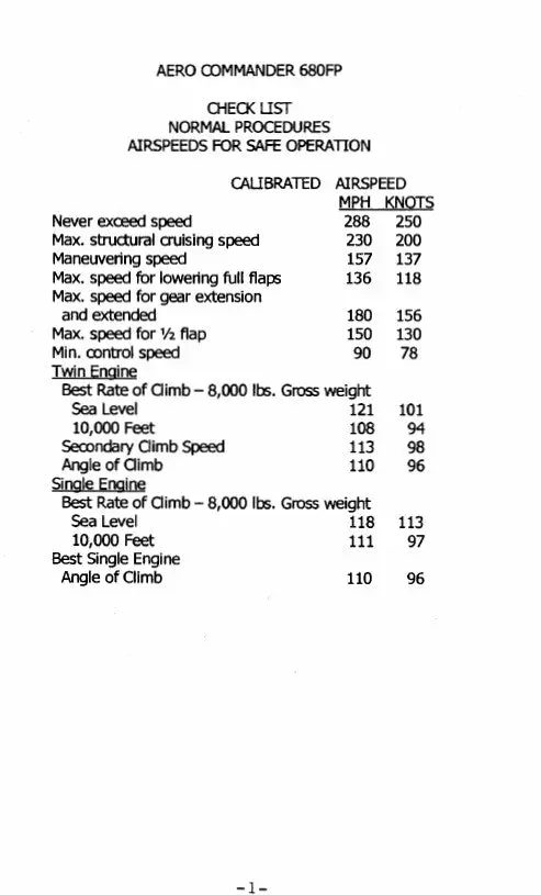 Aero Commander 680F Pressurized 1962-65 Pilot's Checklist (Ac680fp61-Cl-C) 1