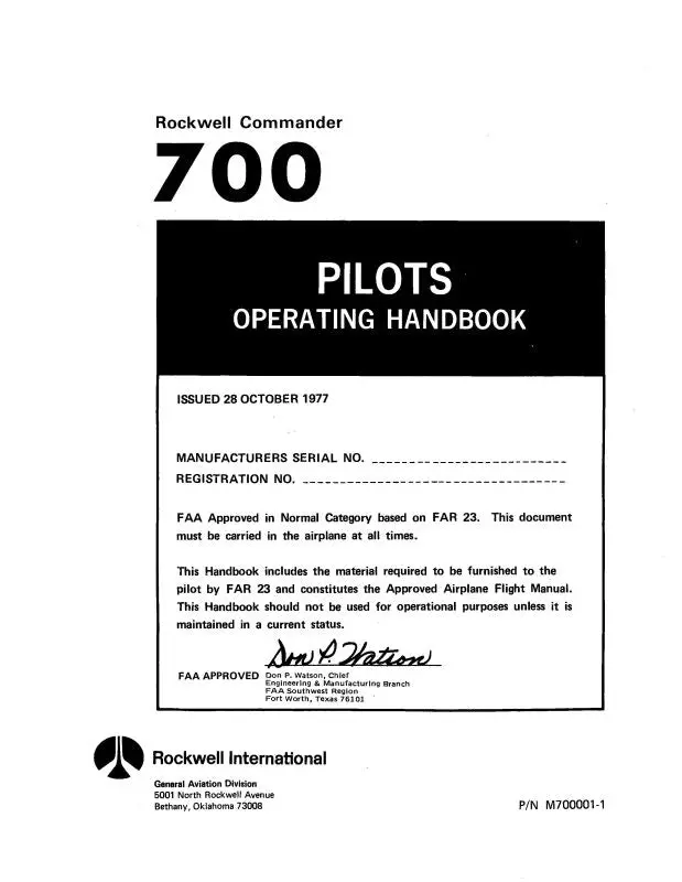 Aero Commander 700 Poh Issued 1977 Revised 1978 Flight Manual (M7000001-1) 1