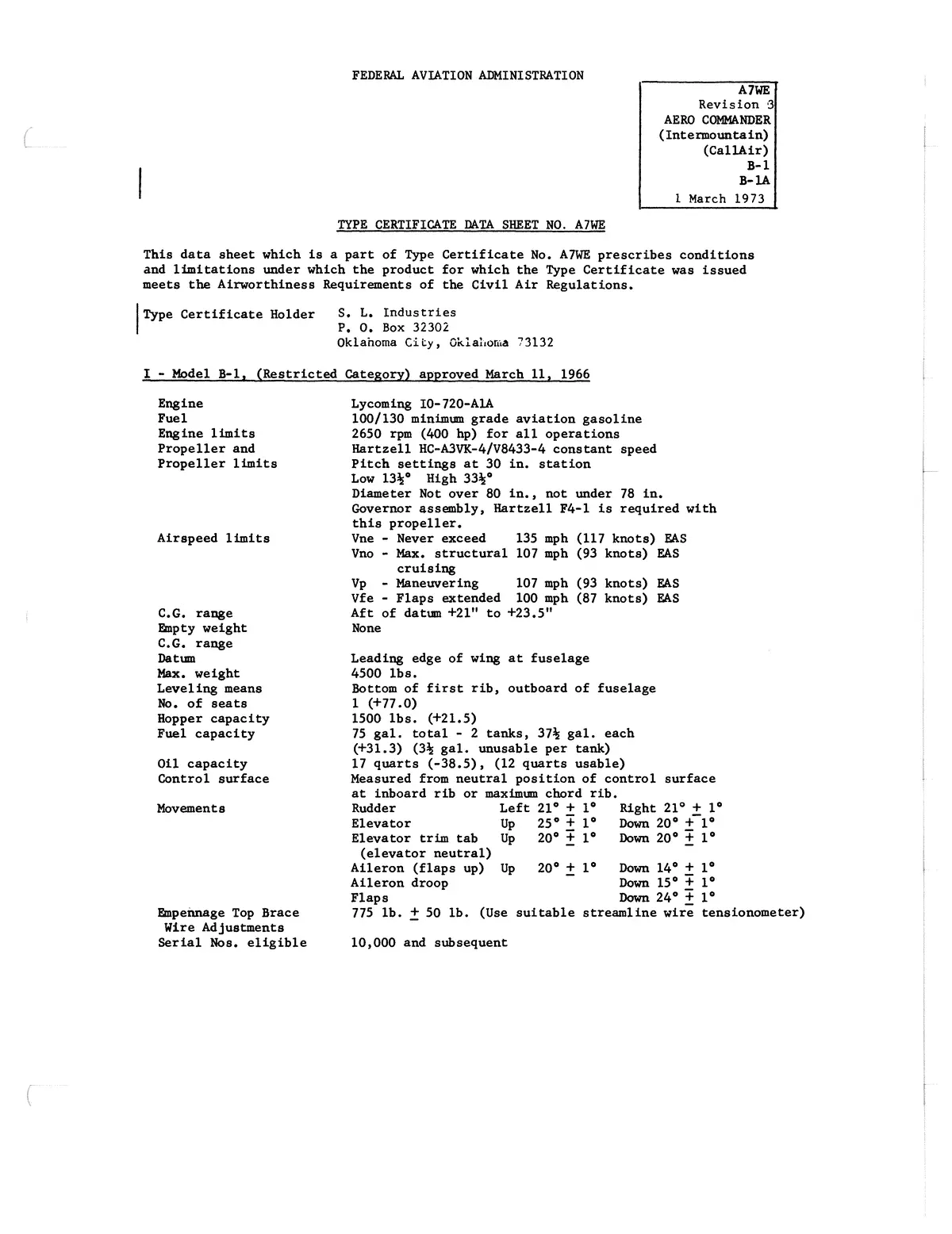 Aero Commander Callair B-1, 1A Aircraft Specifications (A7we) 1