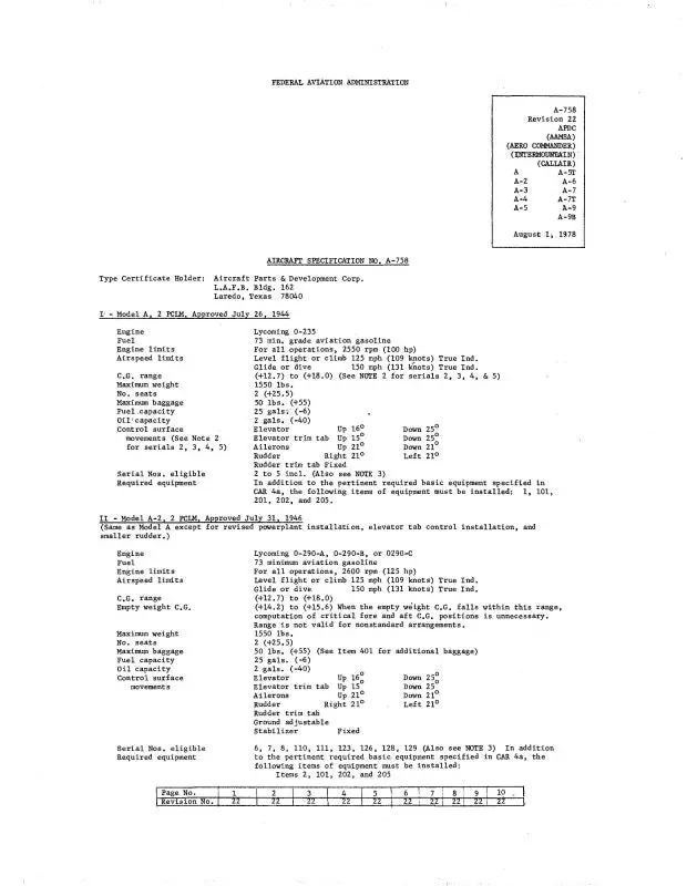Aero Commander Callair A Thru 9B Aircraft Specifications (A-758-78) 1
