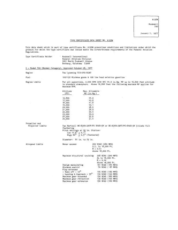 Aero Commander A12sw Rockwell 700 1977 Aircraft Specifications (Aca12sw-77-Sp-C) 1