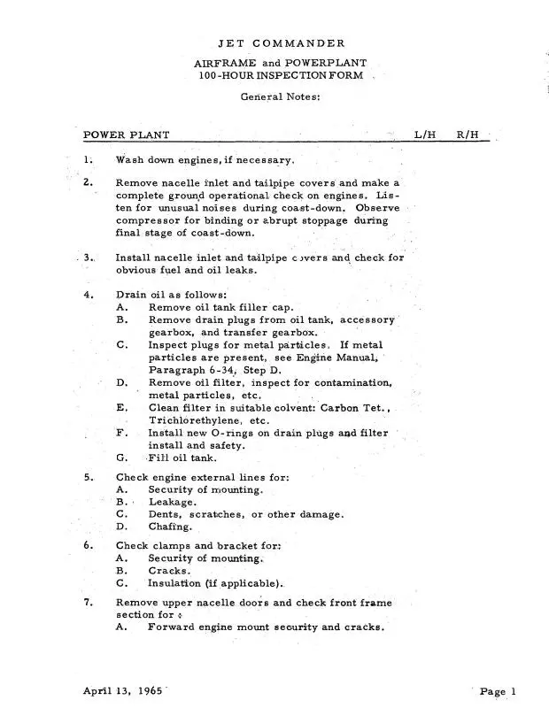 Aero Commander Airframe,Powerplant100 Hr Inspection 100 Hour Inspection Forms (Acjetcomminsp-C) 1