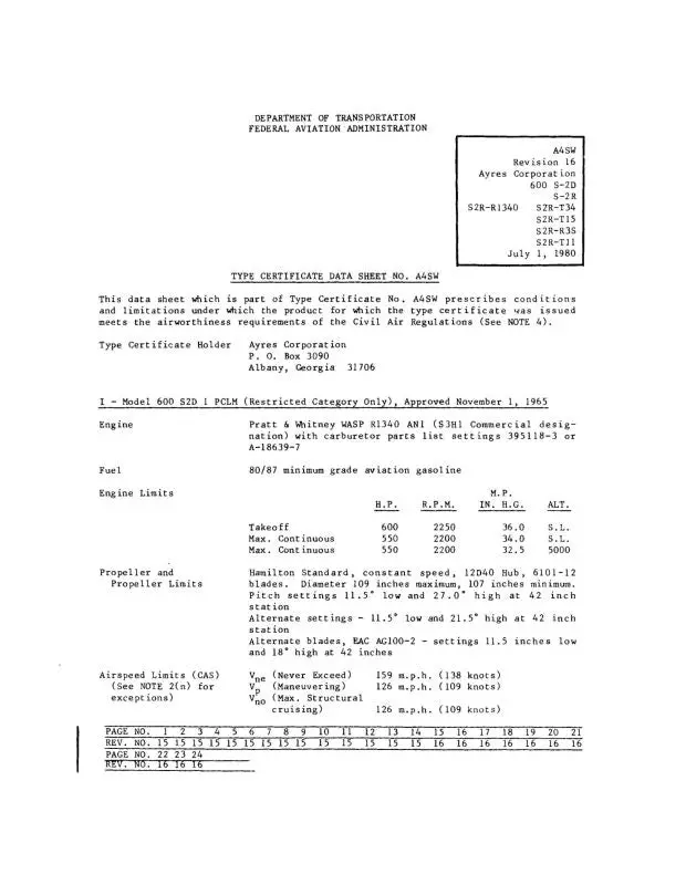 Aero Commander S2r Faa Spec Sheet Aircraft  Specification (A3sw) 1