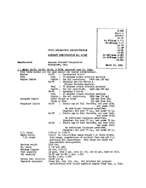 Aeronca Aircraft Specification No. A-728 Aircraft Specification (Ae50tc-Sp-C) 1