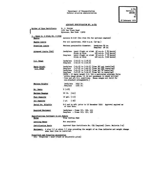 Aeronca K, Ks Spec. No. A-634 Aircraft Specification (Aek,Ksa634-Sp-C) 1