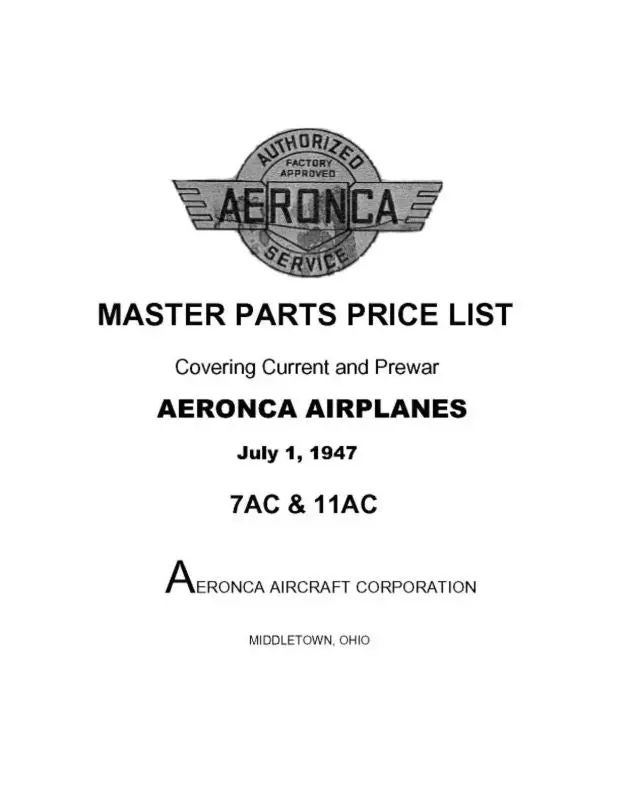 Aeronca 7Ac & 11Ac Master Price List (Ae7ac,11Ac-P) 1