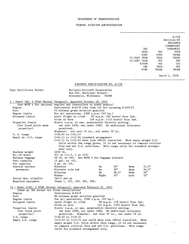 Aeronca Aircraft Specification No. A-759 Aircraft Specification (Ae7ac,S-Sp-C) 1