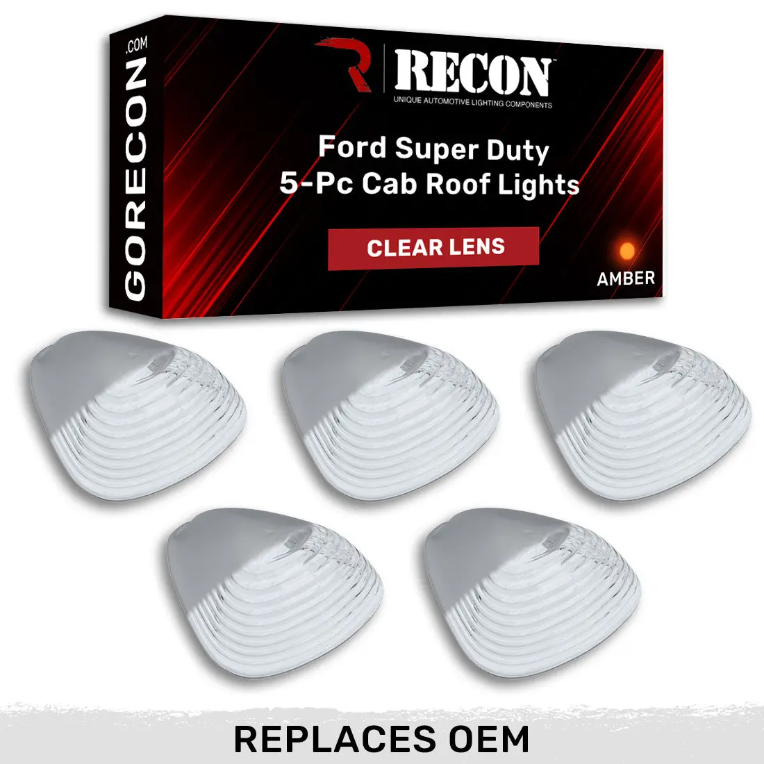 Ford Super Duty 99-16 5 Piece Cab Lights Amber Xenon Bulbs With Clear Lens - (Attn: This Cab Light Kit Replaces Oem Factory Installed Ford 99-16 Cab Roof Light Lenses) 1