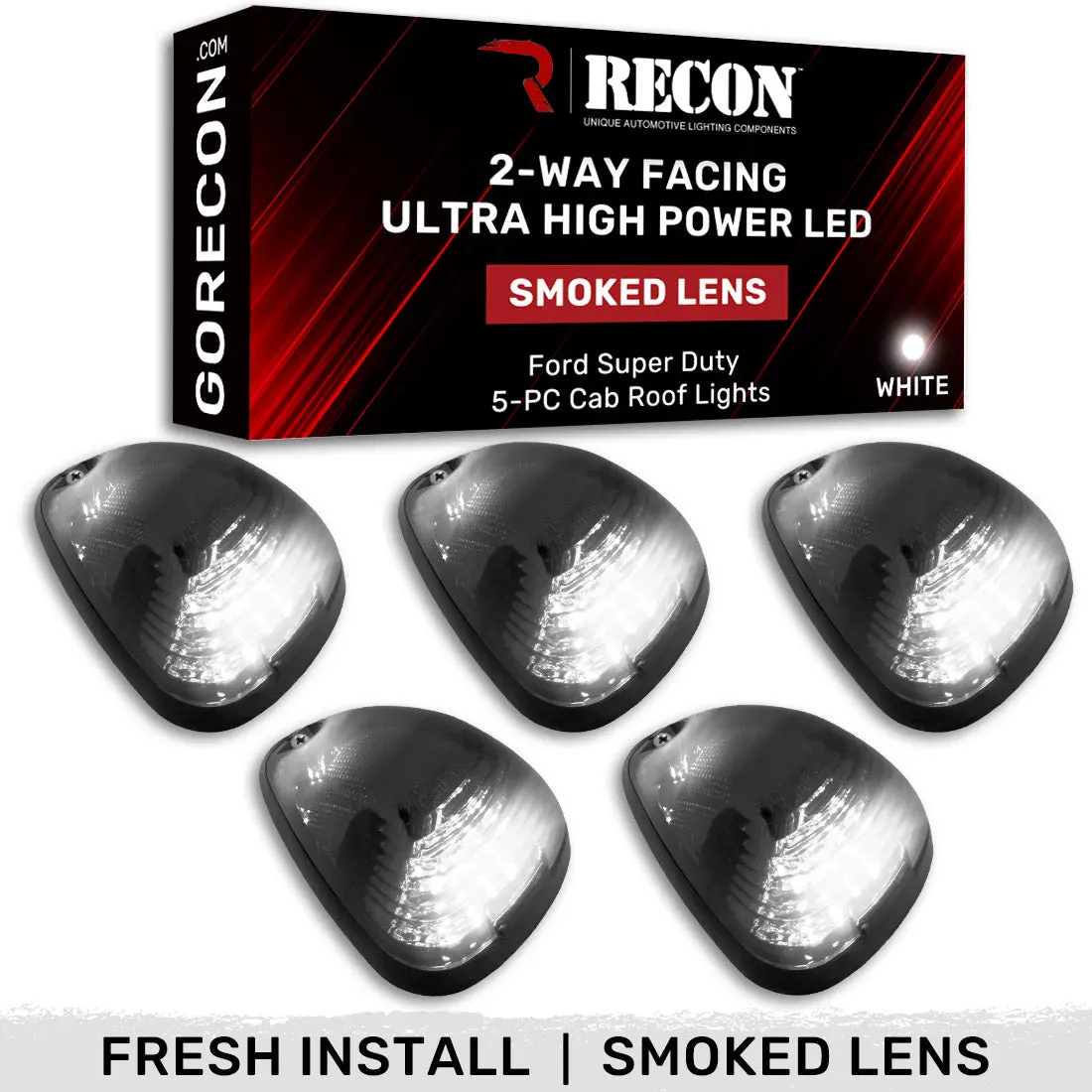 Ford Super Duty 99-16 5-Piece Smoked Cab Roof Light Kit 2-Way Front & Rear Facing Ultra High-Power White Leds (Attn: For Models That Did Not Come With Factory Cab Lights) - Smoked Lens 1