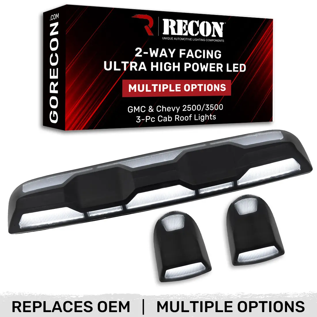 Gmc & Chevy 20-25 (4Th Gen) Heavy-Duty (3-Piece Set) Cab Roof Light Set 2-Way Front & Rear Facing Ultra High-Power White Leds - (Attn: This Cab Light Kit Replaces Factory/Oem Installed Cab Roof Lights) - Multiple Lens 1