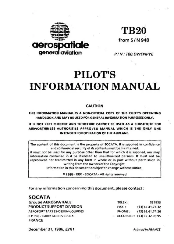 Aerospatiale Tb20 1986 Pilot's Information Manual (Sn-948) 1