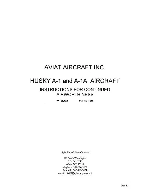 Aviat Aircraft Inc A-1 & A-1A 1998 Instructions For Continued Airworthiness (Ata1,A-98-In-C) 1