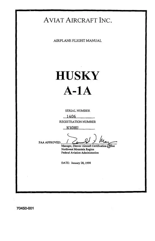Aviat Aircraft Inc A-1A Husky 1998 Flight Manual (Ata1a98f) 1