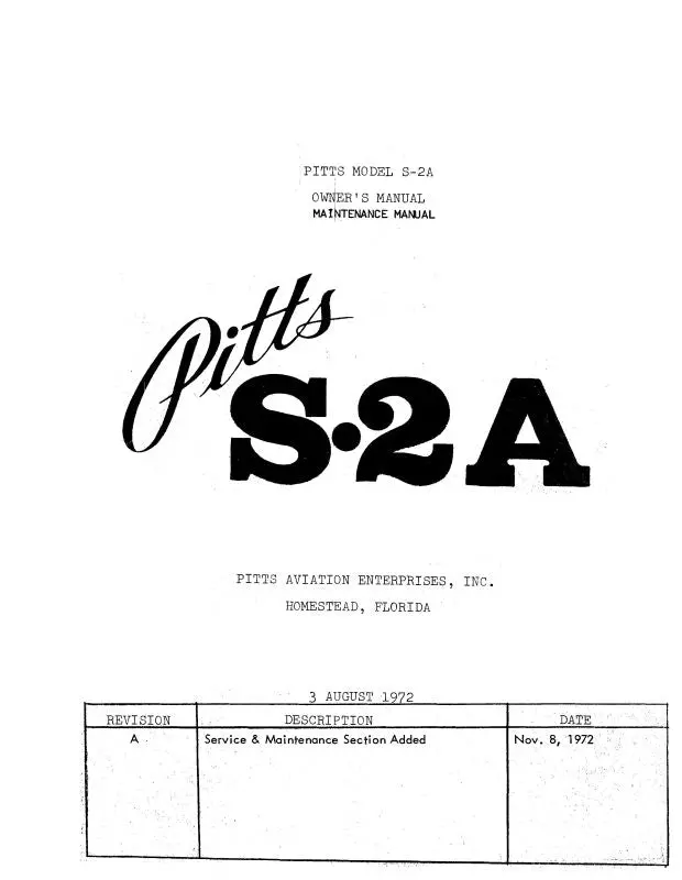 Aviat Aircraft Inc Pitts Model S-2A 1972 Owner's & Maintenance Manual (Ats2a-72-Om-C) 1