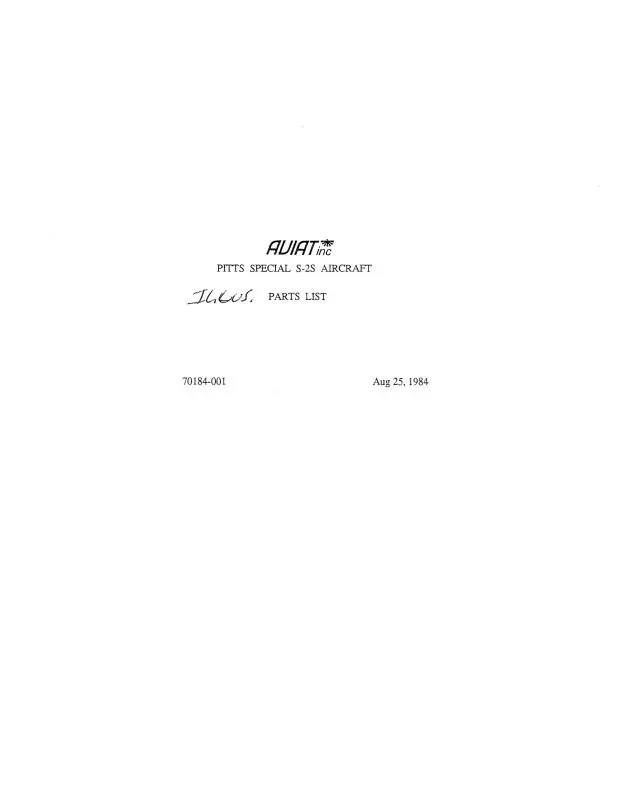 Aviat Aircraft Inc Pitts Special S-2S 1984 Parts List (Ats2s-84-P-C) 1