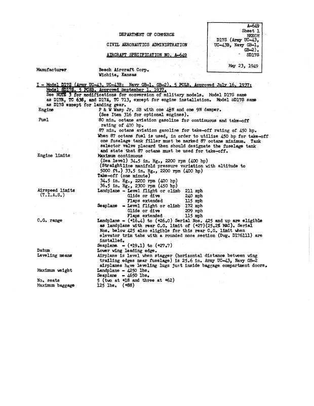 Beech Staggerwing D17s (Uc-43) Aircraft Specifications (Bed17s-Sp-C) 1