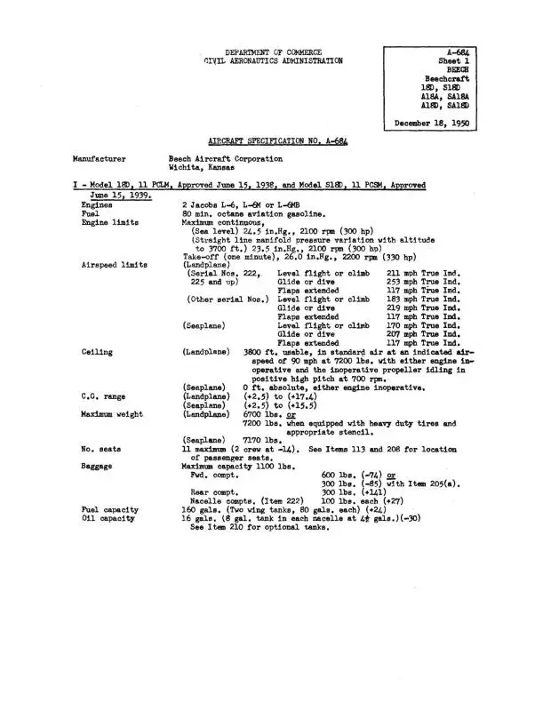 Beech 18 Series & C45 Aircraft Specification (Be18,C45-Sp-C) 1