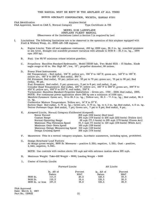 Beech G18s Series Flight Manual (Beg18s-F-C) 1