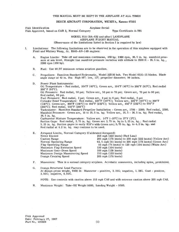 Beech H18 Series Flight Manual (130689) 1